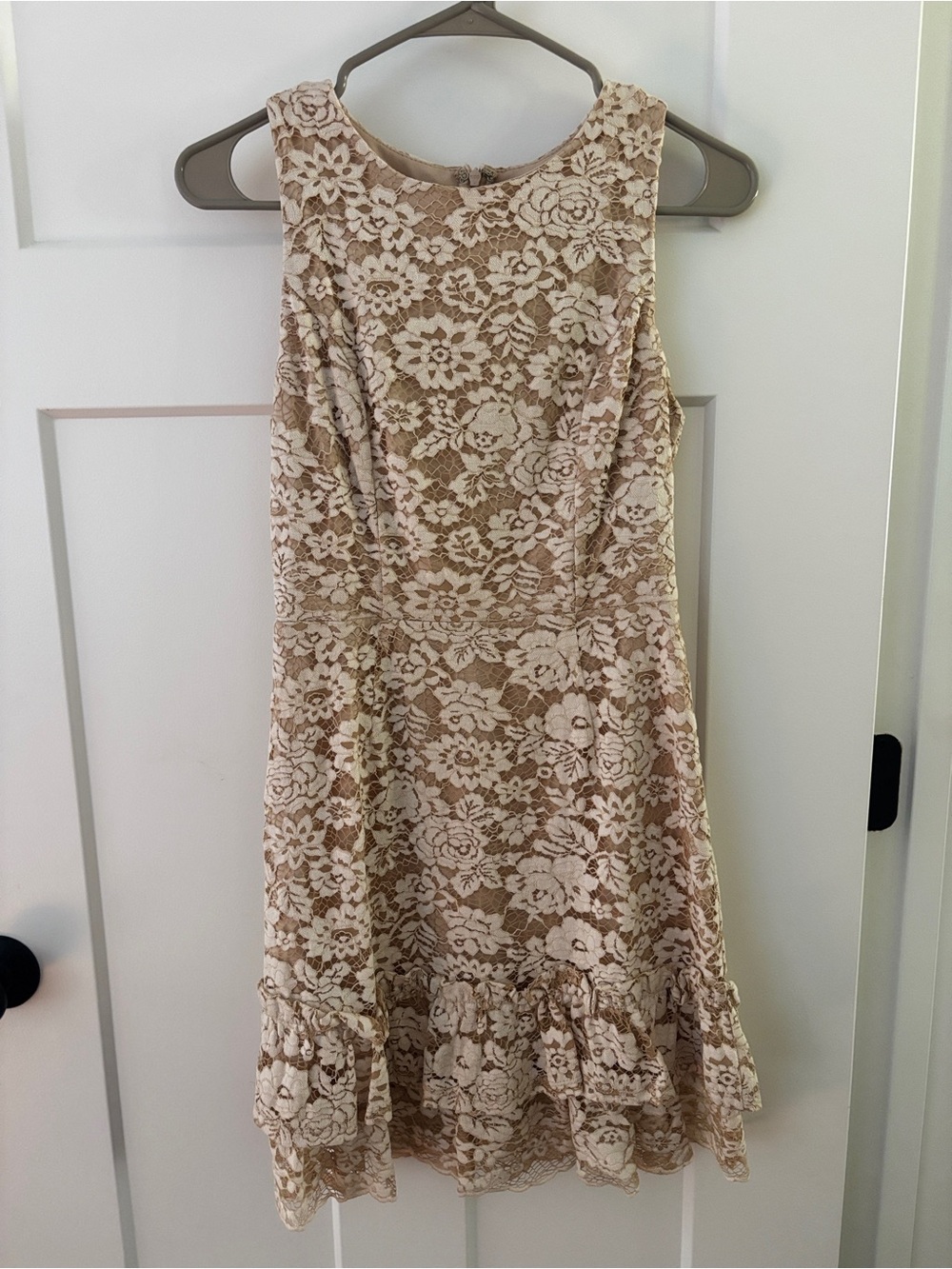Altar'd State Beige and Ivory Lace Ruffle-Hem Mini Dress